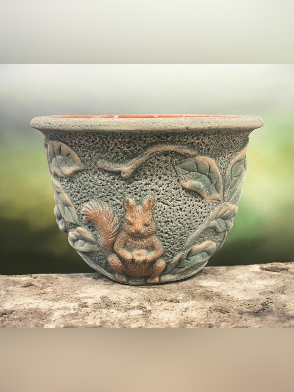 Vintage Decorative Squirrel Relief Ceramic Planter - Brown & Green